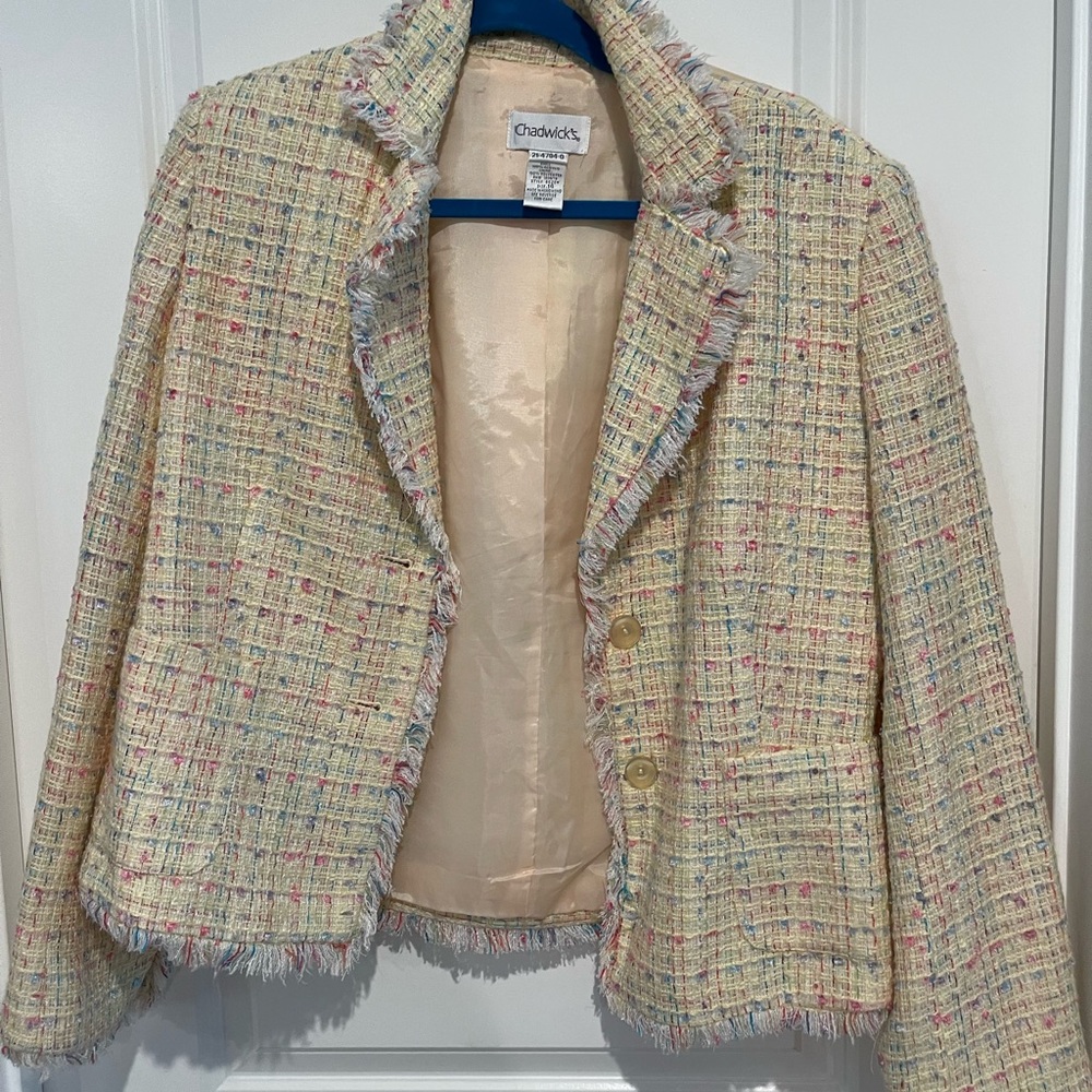 Chadwicks Pastel Yellow Tweed Fringe Blazer